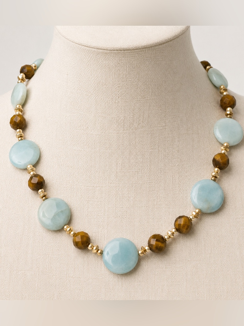 Vtg Amazonite Tigers Eye Beaded Necklace Gold Bronze Heishi Pearl Aquamarine